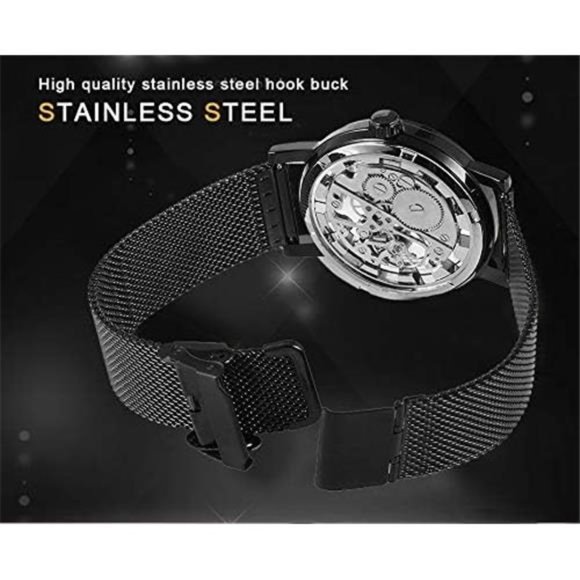 Men's Skeleton Watch Classic Roman Numeral Steampunk Mechanical Watch Hand-Wind - Picture 5 of 6